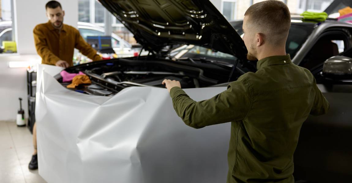 two men wrapping foil film protection on automobile