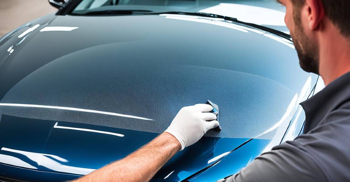 professional installer applies a clear bra to car hood surface